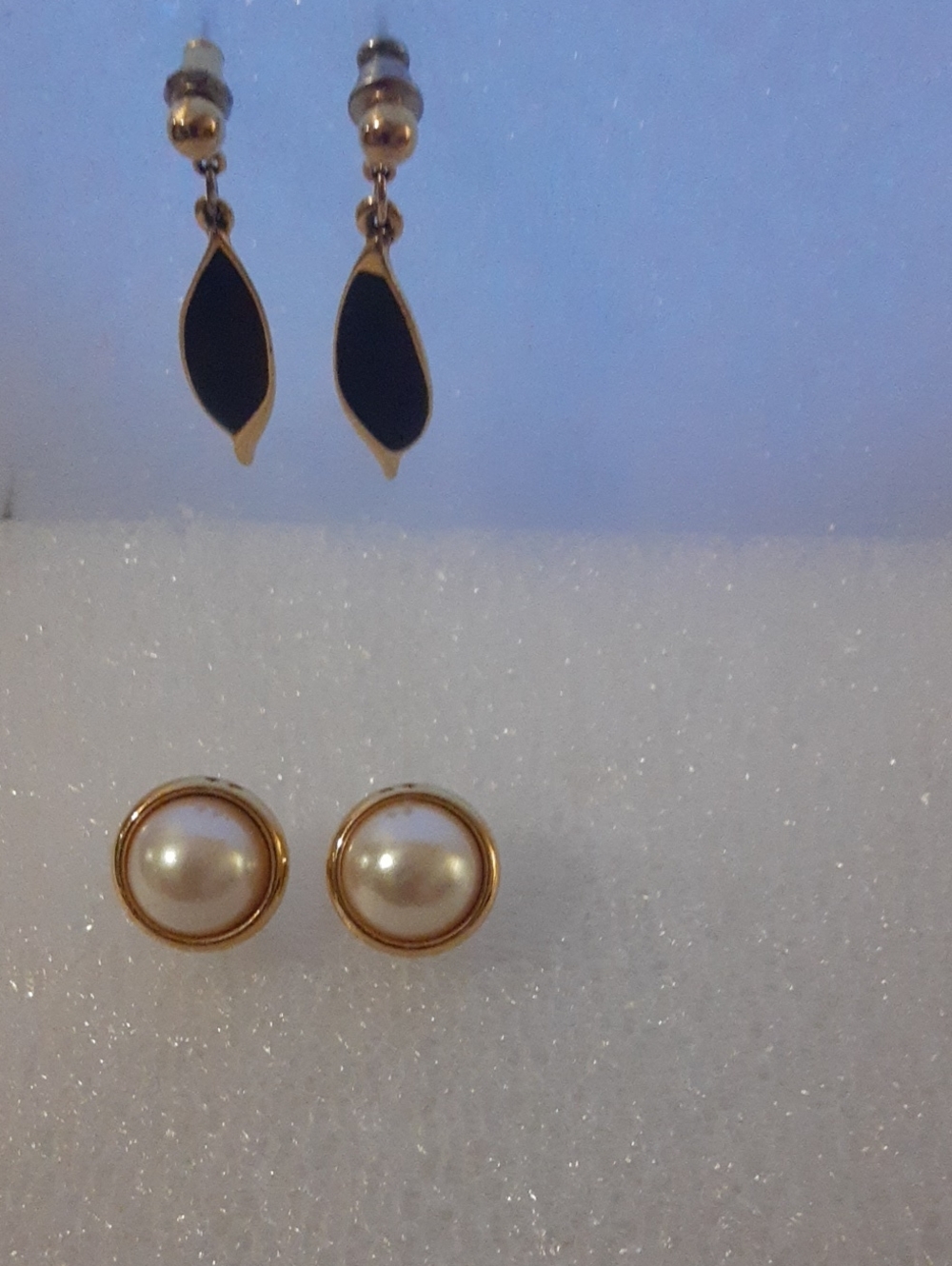 Monet.Gold Pearl Stud Earrings - Classic White Pearls With Blue Hanging Earings.